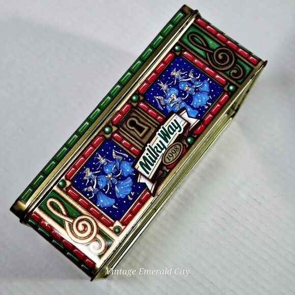 Vtg Retro Tin Box Milky Way 1998 Canister 12 Days Christmas Stained Glass Chest - Picture 10 of 15
